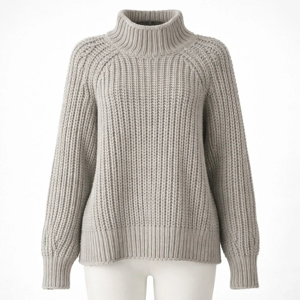 Ribbed Chunky Knit Wool Mock Neck Sweater Gray Size L Pullover Fisherman Relaxed